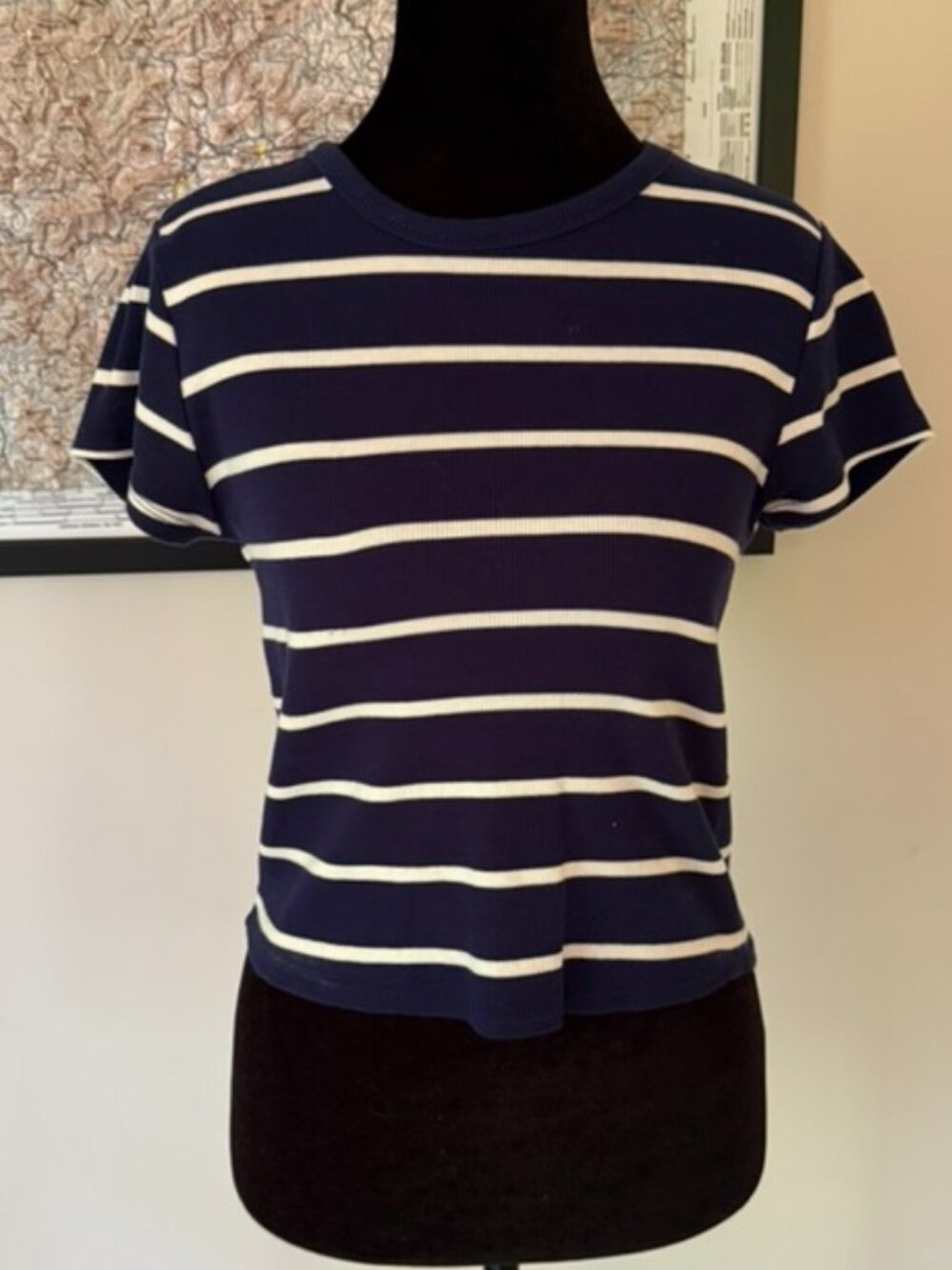 Maeve Anthropologie Navy Striped Ribbed Fitted Baby Tee Size M